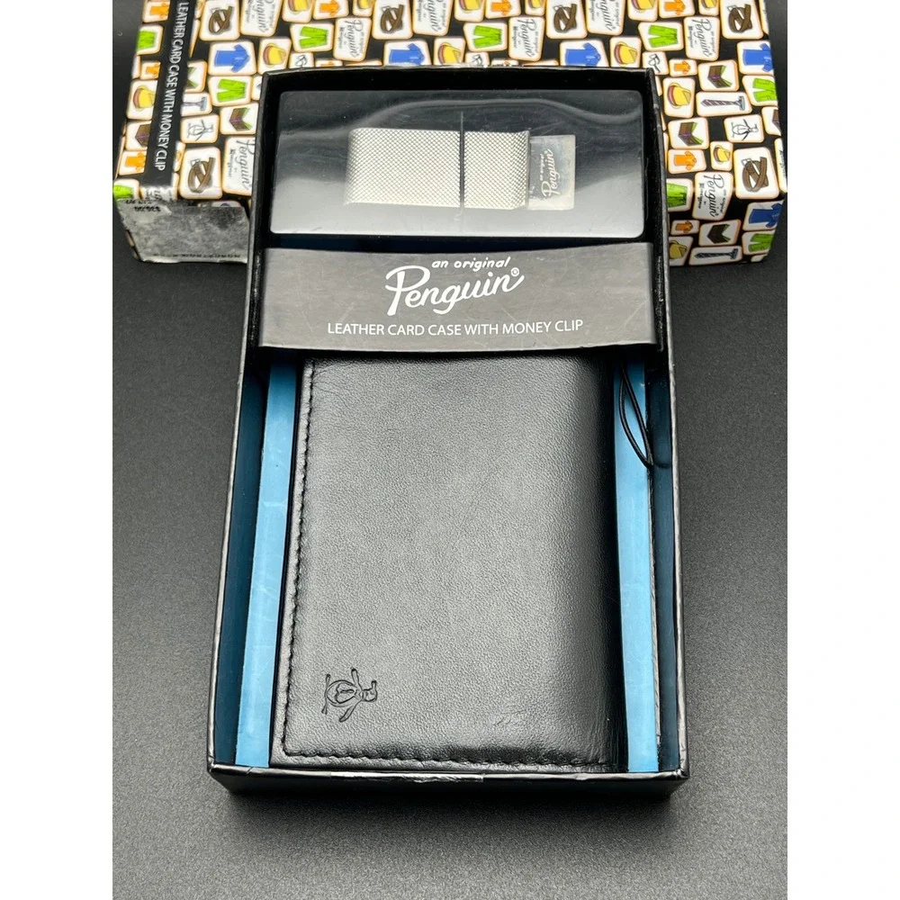 Original Penguin Mens Black Leather Card Case and Silver Money Clip Gift Set